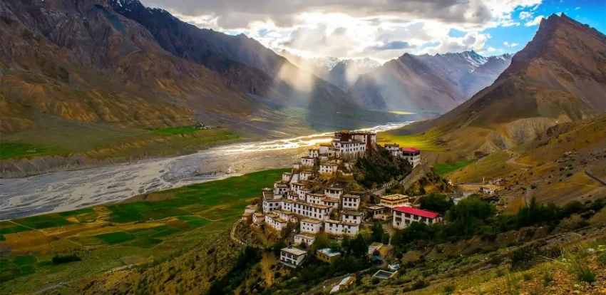 Starry night sky over Key Monastery in Spiti Valley.